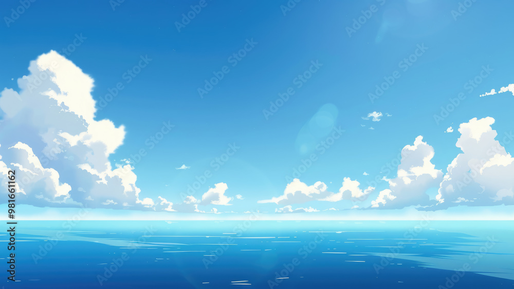 Vast blue sky with scattered clouds over the calm ocean Vast blue sky with scattered clouds over the calm ocean