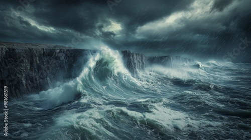 Dramatic Stormy Seascape with Crashing Waves and Towering Cliffs