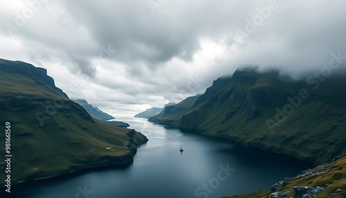 A landscape view of the Eidhisflogvi Fjord on the Faroe island during a stormy day photo