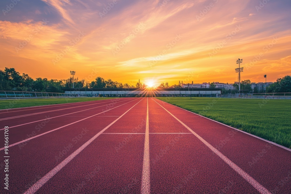 Empty nobody running track with sunset sky, sport background , ai Empty nobody running track with sunset sky, sport background , ai