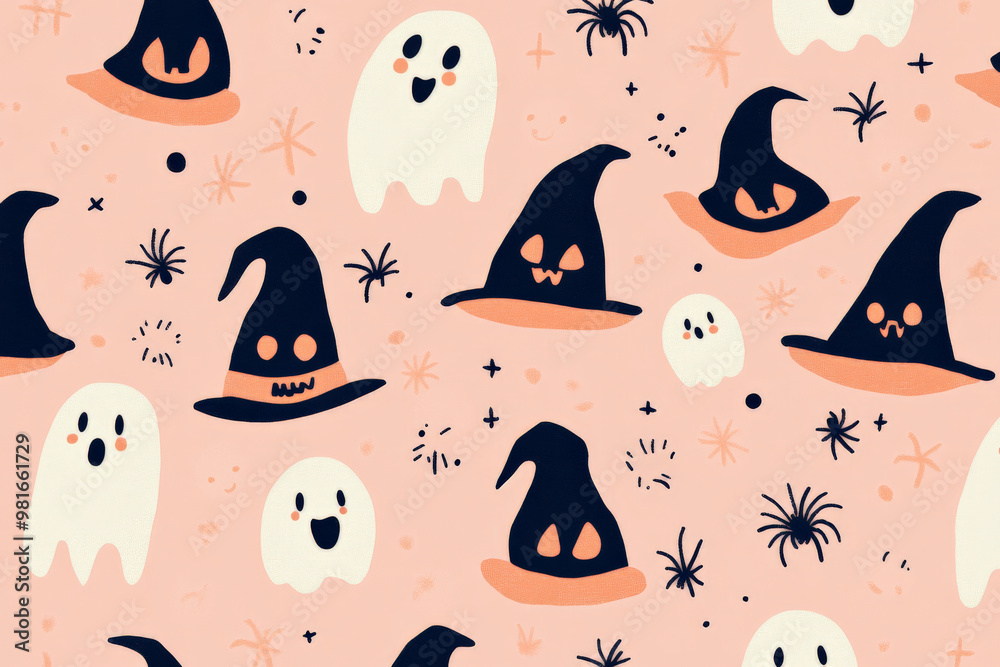 A cute Halloween pattern of mini witches’ hats, smiling ghosts, and cute spiders on a pastel pink background, giving it a fun and playful feel. A cute Halloween pattern of mini witches’ hats, smiling ghosts, and cute spiders on a pastel pink background, giving it a fun and playful feel.