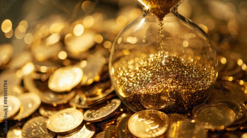 A close-up of gold coins flowing through an hourglass, symbolizing the fleeting nature of wealth A close-up of gold coins flowing through an hourglass, symbolizing the fleeting nature of wealth