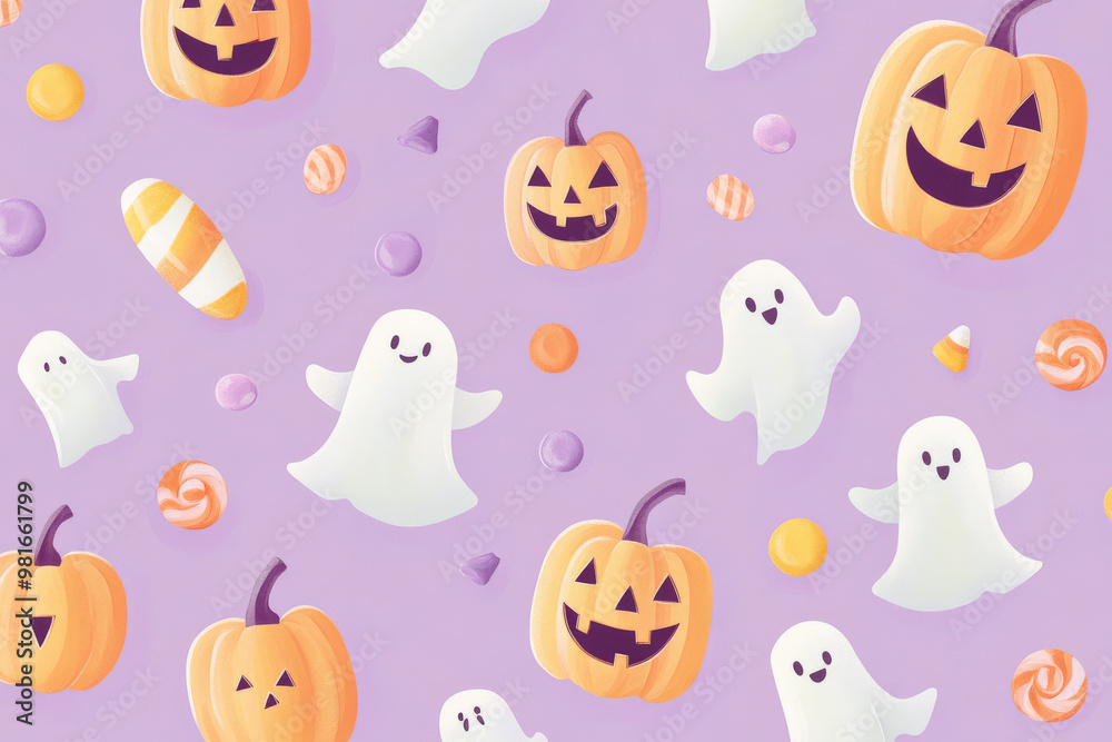 A whimsical Halloween pattern with happy jack-o-lanterns, friendly ghosts, and candy, all scattered on a pastel purple background. A whimsical Halloween pattern with happy jack-o-lanterns, friendly ghosts, and candy, all scattered on a pastel purple background.