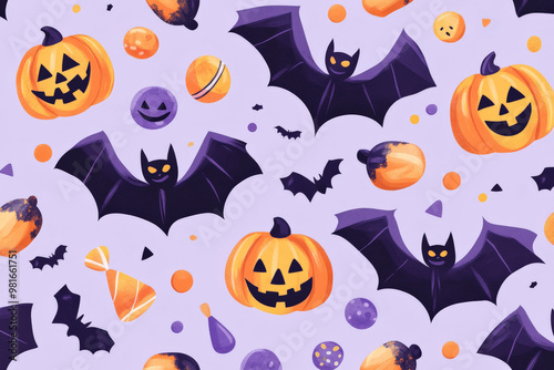 A cheerful Halloween pattern featuring playful bats, jack-o-lanterns with happy faces, and candy treats, all set against a light purple backdrop.