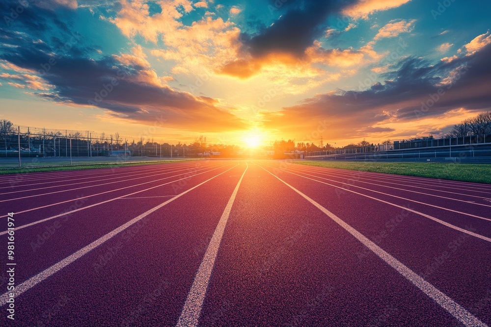 Empty nobody running track with sunset sky, sport background , ai Empty nobody running track with sunset sky, sport background , ai
