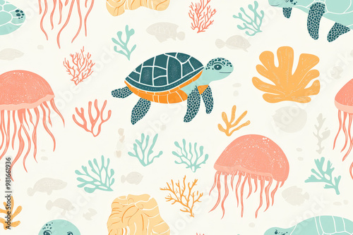 A vibrant seamless pattern featuring playful turtles, jellyfish, and coral in soft pastel colors for ocean-inspired kids' room decor.