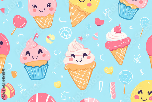 A fun doodle-style design featuring smiling cupcakes, ice cream cones, and candy in colorful pastels, perfect for childrenâ€™s prints or fabric. photo