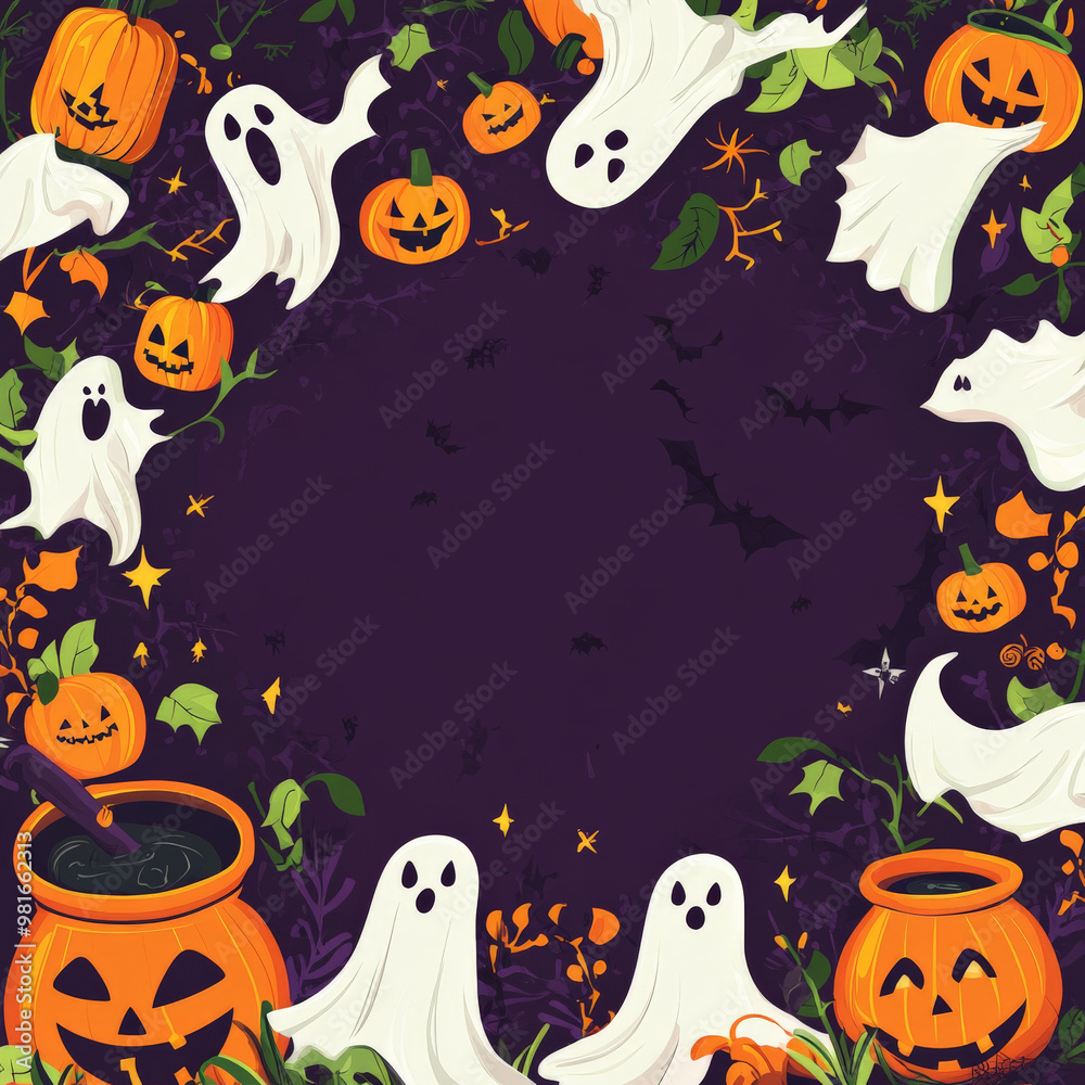 Festive Halloween border featuring ghosts, witches' cauldrons, and jack-o'-lanterns, rendered in orange, green, and black, on a deep purple background. Festive Halloween border featuring ghosts, witches' cauldrons, and jack-o'-lanterns, rendered in orange, green, and black, on a deep purple background.