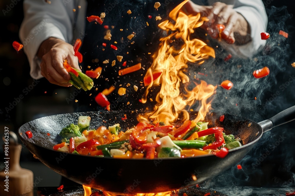 Closeup of chef throwing vegetable mix from wok pan in fire. Fresh asian food preparation on dark background , ai Closeup of chef throwing vegetable mix from wok pan in fire. Fresh asian food preparation on dark background , ai