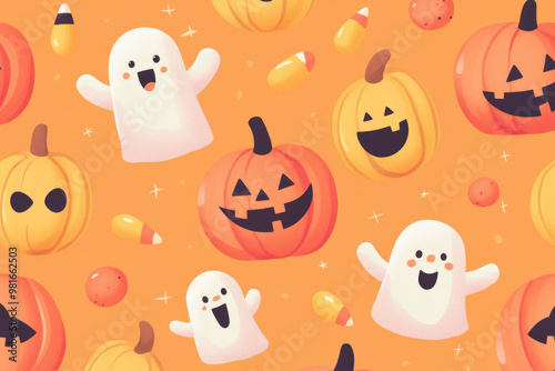 A cute Halloween seamless pattern with smiling pumpkins, friendly ghosts, and candy corn scattered across a pastel orange background.