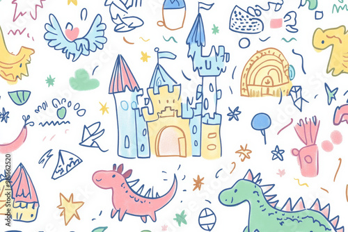 Fun doodle design with fantasy elements like dragons, castles, and knights in colorful pastels, designed for kids' prints or wallpaper. photo