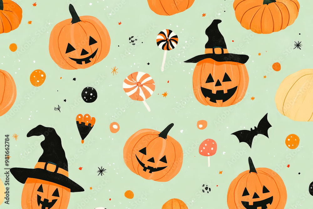 A whimsical Halloween pattern featuring smiling jack-o-lanterns, little witches, and candy scattered across a soft pastel green backdrop. A whimsical Halloween pattern featuring smiling jack-o-lanterns, little witches, and candy scattered across a soft pastel green backdrop.