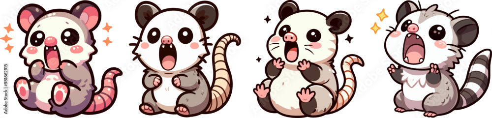 Obraz premium set of cute cartoon screaming opossums