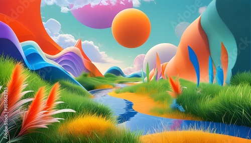 Vibrant abstract grasslands with a kaleidoscope of colors creating a dreamy fantasy landscape photo