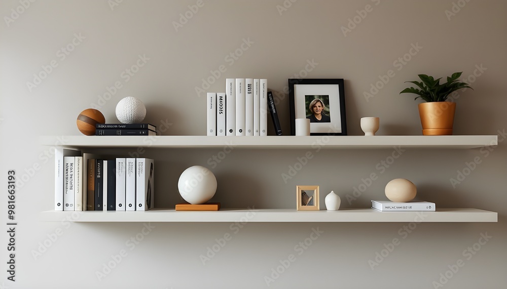 Elegant shelf display featuring neatly arranged books, small decorative objects, and a potted plant. Elegant shelf display featuring neatly arranged books, small decorative objects, and a potted plant.