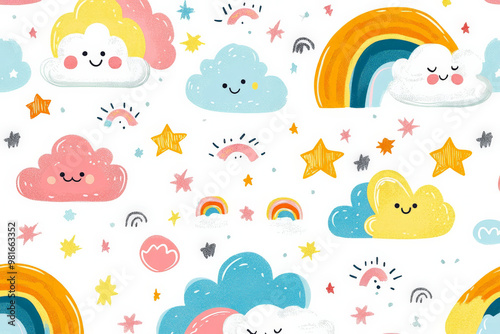A whimsical doodle pattern featuring smiling clouds, rainbows, and stars in bright, bold colors, perfect for children's wallpaper or bedding.