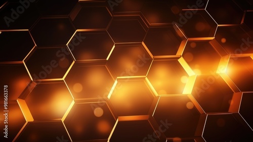 A close-up of a honeycomb pattern in warm, golden tones. The light shines through the cells, creating a beautiful and abstract background. photo