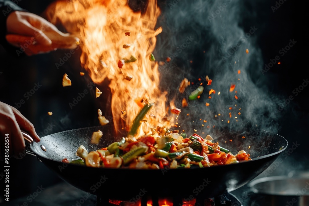 Closeup of chef throwing vegetable mix from wok pan in fire. Fresh asian food preparation on dark background , ai Closeup of chef throwing vegetable mix from wok pan in fire. Fresh asian food preparation on dark background , ai