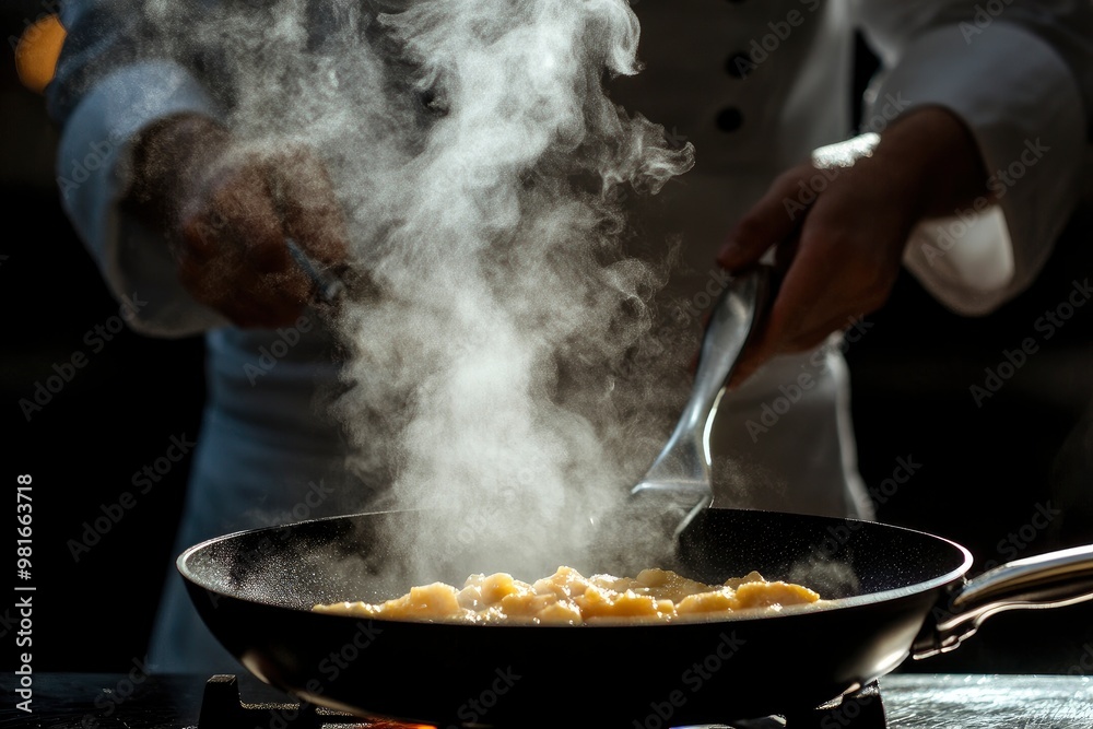 Professional chef prepares food in a hot pan with steam on a black background. The concept of restaurant and hotel service. Haute cuisine or Grande cuisine, ai Professional chef prepares food in a hot pan with steam on a black background. The concept of restaurant and hotel service. Haute cuisine or Grande cuisine, ai
