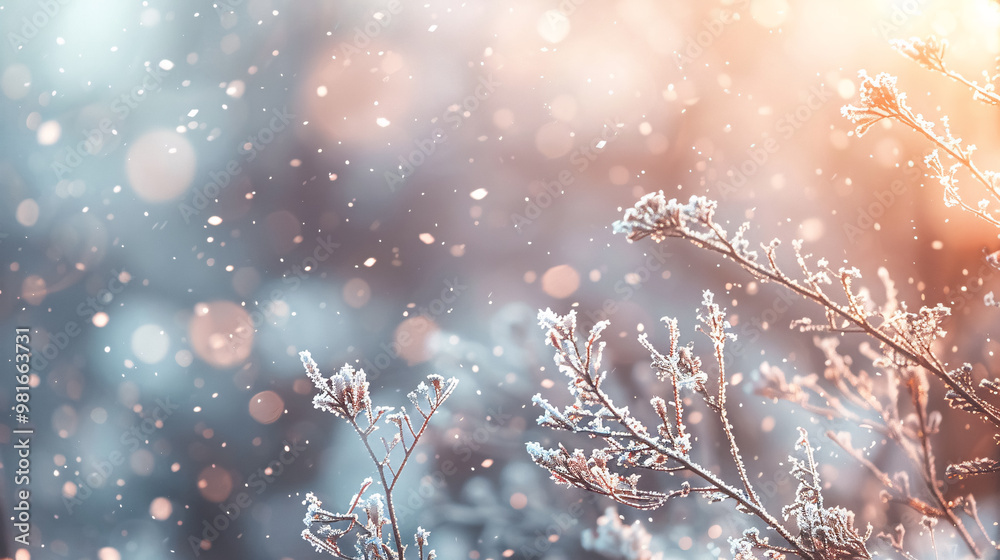 Winter Panorama with Snow-Covered Branches of Plants on Blurred Background During a Snowfall Winter Panorama with Snow-Covered Branches of Plants on Blurred Background During a Snowfall