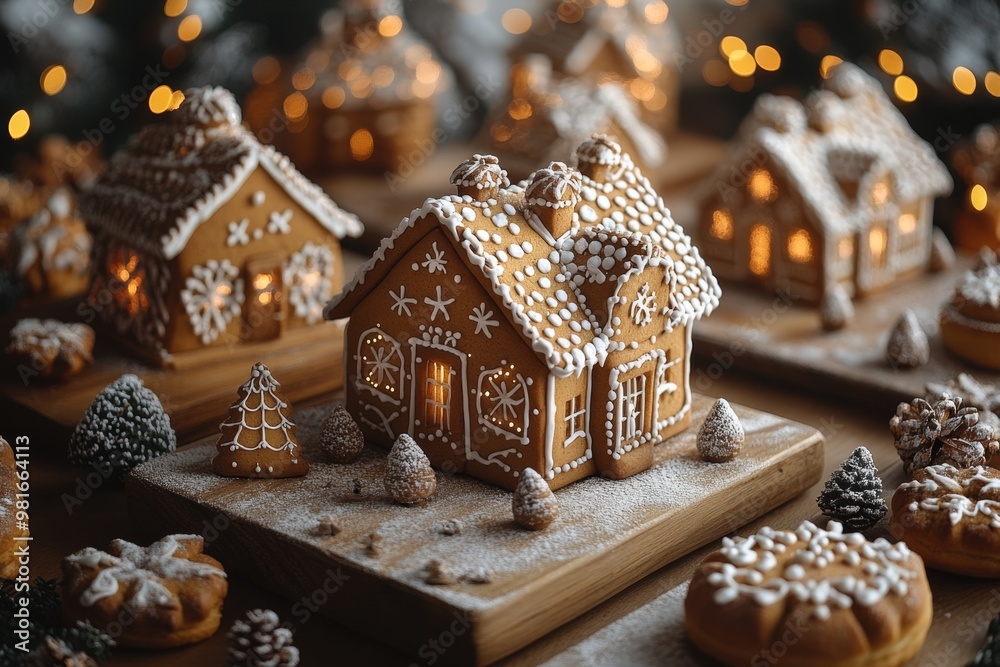 Christmas gingerbread houses on wooden table with bokeh background.. Pastries in the form of houses. Festive scene with holiday pastries. Christmas and New Year background. Christmas gingerbread houses on wooden table with bokeh background.. Pastries in the form of houses. Festive scene with holiday pastries. Christmas and New Year background.