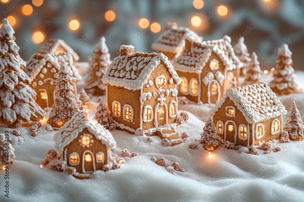 Christmas gingerbread houses on wooden table with bokeh background.. Pastries in the form of houses. Festive scene with holiday pastries. Christmas and New Year background.