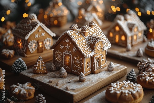 Christmas gingerbread houses on wooden table with bokeh background.. Pastries in the form of houses. Festive scene with holiday pastries. Christmas and New Year background.