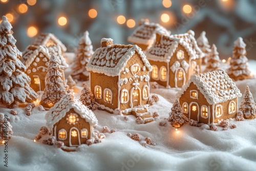 Christmas gingerbread houses on wooden table with bokeh background.. Pastries in the form of houses. Festive scene with holiday pastries. Christmas and New Year background. photo