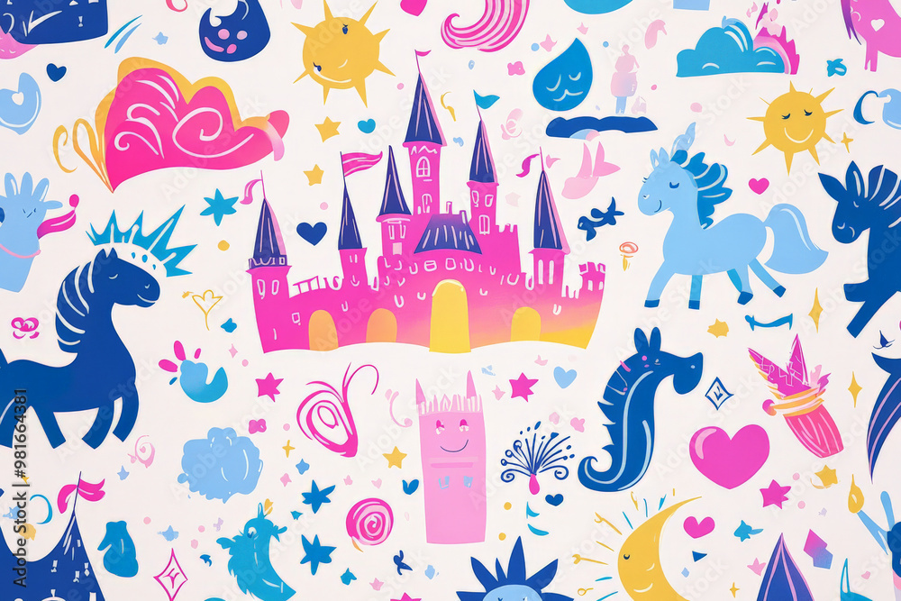 A vibrant doodle design featuring princesses, castles, and unicorns in playful pastels, ideal for childrenâ€™s wallpaper or bedding.
