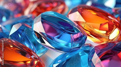 A close-up of colorful, faceted glass pieces. The light reflects off the surfaces, creating a dazzling array of colors.