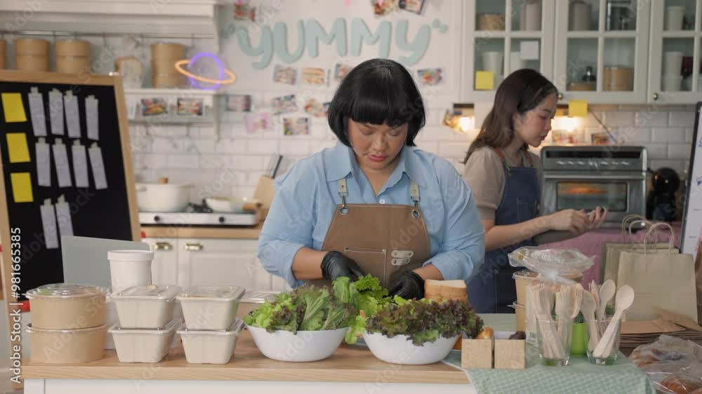 Two Asian women preparing healthy meals for their home-based cloud kitchen restaurant Two Asian women preparing healthy meals for their home-based cloud kitchen restaurant