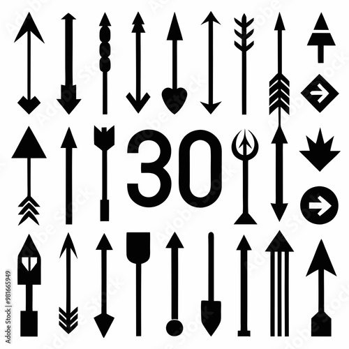 30 set of arrows black silhouette white background