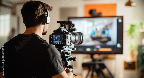 Minimalist modern video production studio featuring sleek equipment, isolated camera focus, and video edit monitor display, embodying cutting-edge media creation aesthetics
