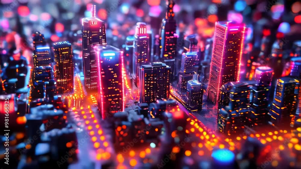The concept of a Futuristic high-tech big smart city with computer technology microchips and microchips with processors and transistors to control artificial intelligence