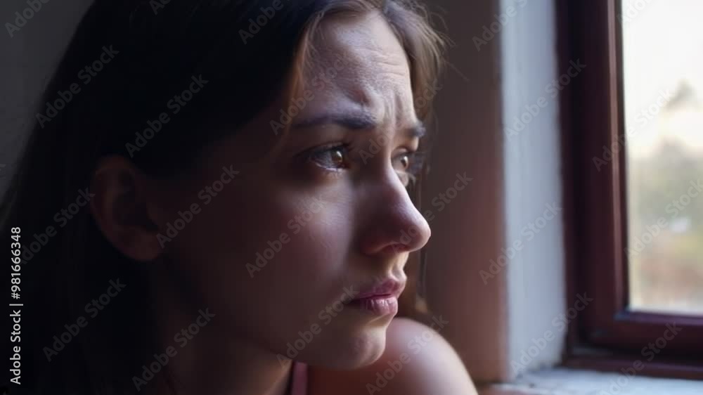 Close-up of a young woman deep in thought, looking out the window with a contemplative expression, illuminated by soft natural light. Video. Horizontal. Close-up of a young woman deep in thought, looking out the window with a contemplative expression, illuminated by soft natural light. Video. Horizontal.