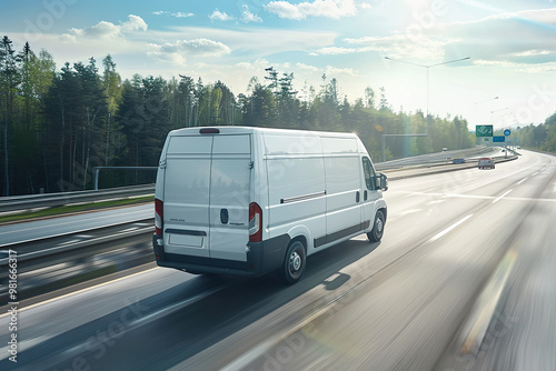 A white van is driving down a road with trees in the background.,