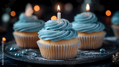 Three cupcakes topped with blue frosting and a candle.