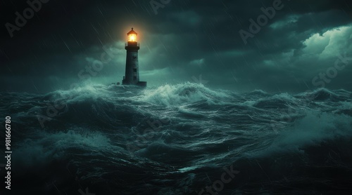 Lighthouse in stormy ocean with heavy waves.