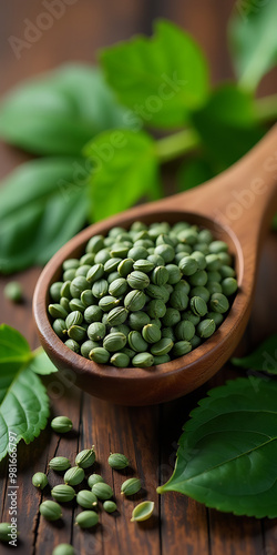 Close-up of perilla seeds in a small wooden spoon, surrounded by fresh perilla leaves, on a rustic wooden background, evoking a sense of natural simplicity.