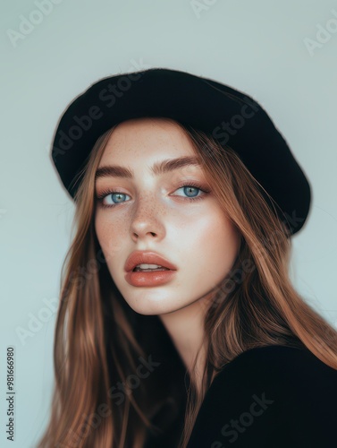 Close up portrait of a young vintage woman wearing a beret with striking blue eyes and a soft expression.