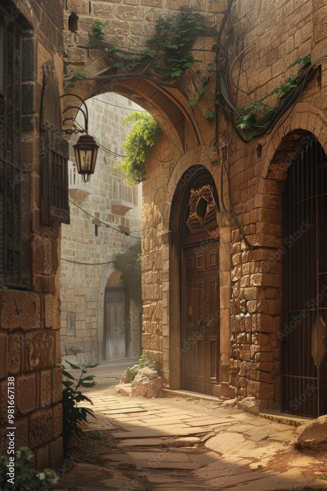 Fototapeta premium Ancient stone archway in sunlit medieval courtyard