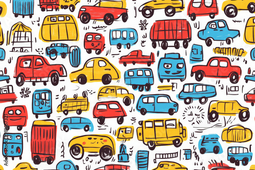 A doodle-style pattern with smiling cars, trucks, and buses in bright reds, yellows, and blues, perfect for a playful children's wallpaper.