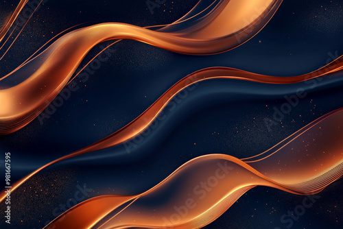 A luxury abstract background with flowing copper lines softly curving across a deep navy blue background, evoking warmth and richness.