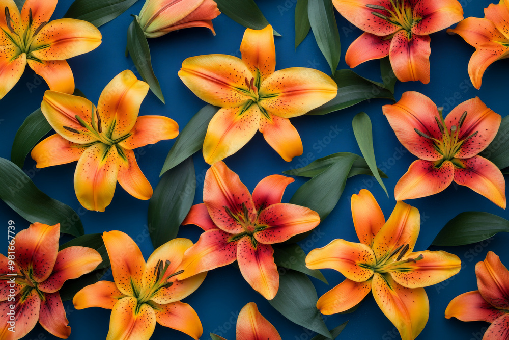 A bold floral background with radiant orange and yellow lilies arranged against a deep midnight blue backdrop, creating a stunning and colorful contrast. A bold floral background with radiant orange and yellow lilies arranged against a deep midnight blue backdrop, creating a stunning and colorful contrast.