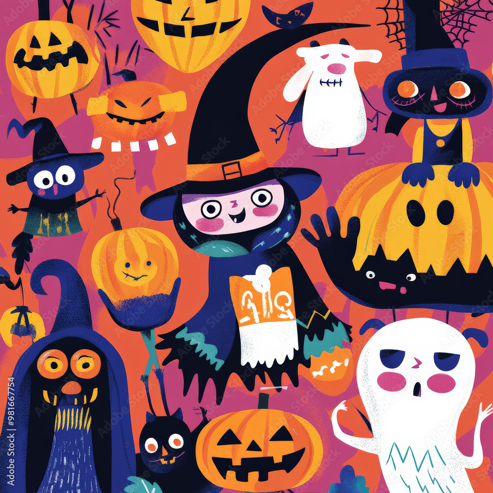 Collection of flat Halloween characters with a focus on pumpkins, witches, and monsters, designed with bright, engaging colors and shapes. Collection of flat Halloween characters with a focus on pumpkins, witches, and monsters, designed with bright, engaging colors and shapes.