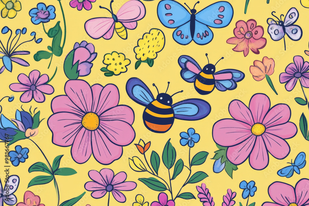 Doodle-style design with cheerful flowers, bumblebees, and butterflies in bright pastels, perfect for kids' prints or fabric.