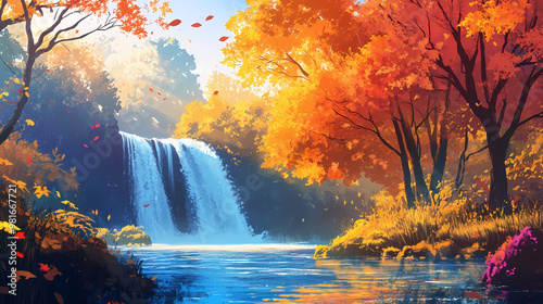 Serene waterfall flowing forest colorful autumn trees. Serene. Illustration photo