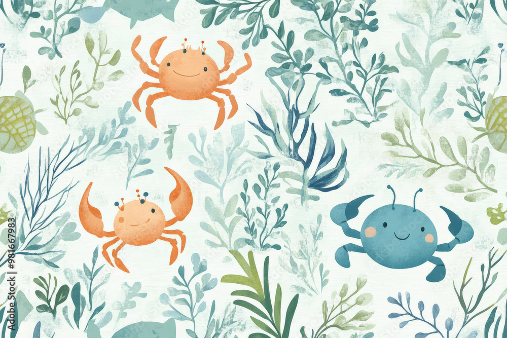 Seamless marine pattern with cute crabs, lobsters, and fish swimming through seaweed, in soft blues and greens, for a relaxed ocean-themed fabric. Seamless marine pattern with cute crabs, lobsters, and fish swimming through seaweed, in soft blues and greens, for a relaxed ocean-themed fabric.