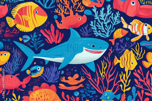 A vibrant seamless design of sea creatures like sharks, crabs, and tropical fish swimming among coral in bold, cheerful colors. photo