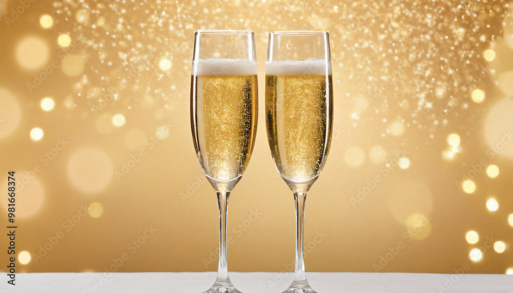 two glasses of sparkling champagne isolated on a yellow background, space for text two glasses of sparkling champagne isolated on a yellow background, space for text
